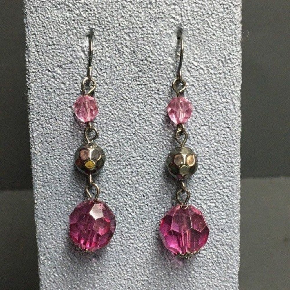 Drop Dangle Pierced Earrings Purple Faceted Gunmetal Silver Hook Retro BoHo